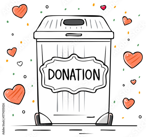 Cute hand drawn doodle of a charity box for donations surrounded by love hearts