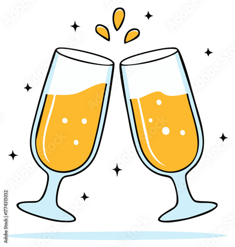 Cartoon champagne flutes clinking in a celebratory toast with sparkles
