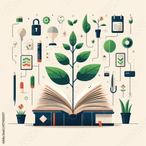 Plant growing from open book surrounded by educational and environmental icons.