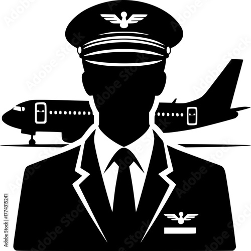 Pilot Silhouette and Airplane: A detailed silhouette of a pilot in uniform, against the backdrop of a passenger airplane, captures the essence of aviation profession. 