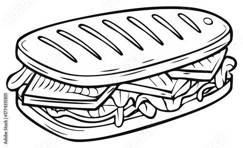 Black and white outline drawing of a delicious grilled panini sandwich cartoon for menu or coloring book