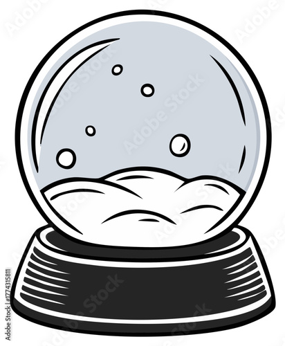 A snow globe illustration depicting snowdrifts and floating snowflakes inside a transparent sphere with a sturdy base.