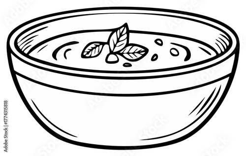 A bowl of soup with basil leaves garnish illustration art, vector drawing food, contour outline, traditional culinary