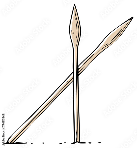 Vector illustration of two cartoon spears, military weapon concept, cartoonish medieval javelins