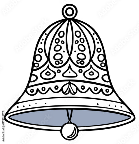 Decorative holiday bell line art illustration with intricate patterns and clapper