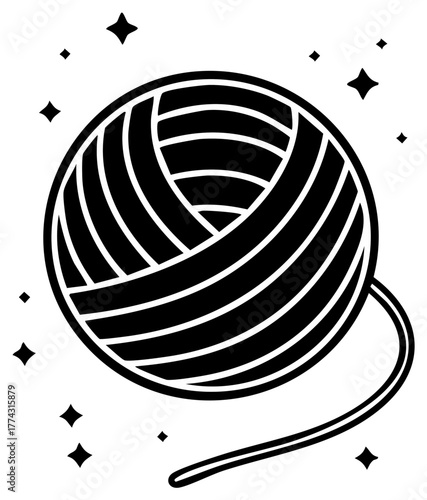 Black yarn ball icon with string and stars, vector illustration