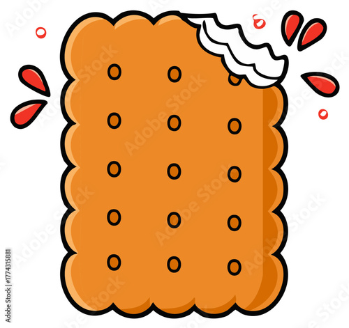 Cartoon biscuit with missing bite and dripping red jam, appetizing snack food illustration