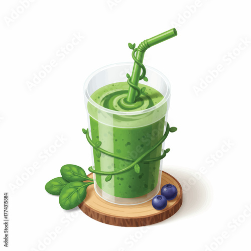 Vibrant Green Smoothie with Spinach and Blueberry Garnishes.