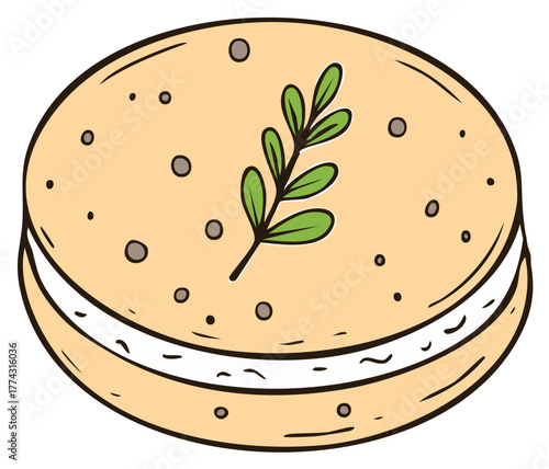 Hand-drawn whoopie pie illustration, filled with cream and decorated with twig. Cookie with beige shell and green twig on top.