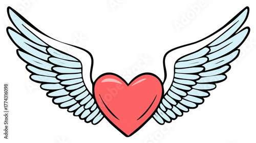 Pink Heart with White and Blue Angel Wings Spread Out