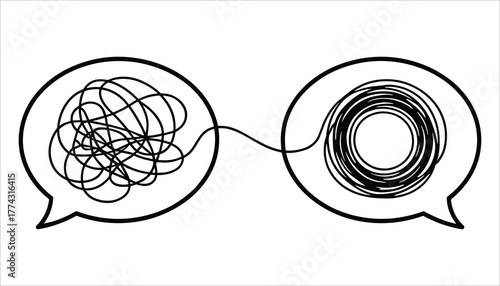 Two speech bubbles connected by a line one with tangled lines the other with coiled lines communication
