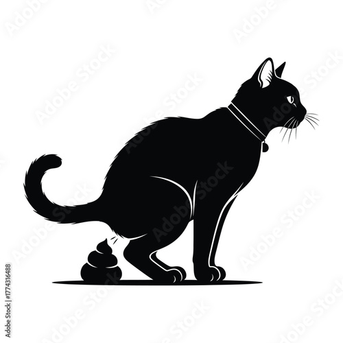 Black silhouette of a cat defecating isolated on white background