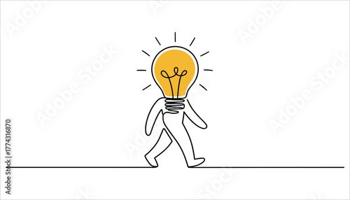 Simple line drawing of a walking figure with a yellow lightbulb head and radiating lines on a white background