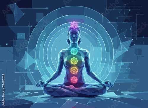 Low Poly Yoga Woman Meditation Vector with Chakra Energy and Futuristic Abstract Background