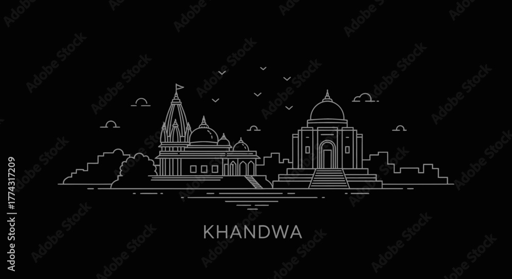 Obraz premium Khandwa India Skyline Line Art on Black Background