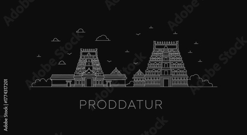 Prodattur Skyline Line Art on Black Background
