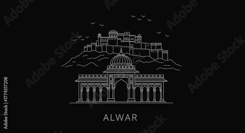 Alwar Fort Skyline Line Art India Landmark