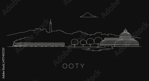 Ooty Skyline with Train and Botanical Gardens Line Art
