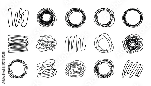 Collection of fifteen black hand drawn scribbled circular and linear abstract shapes on white background