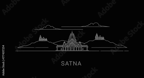Satna City Skyline Outline with Temples on Hills