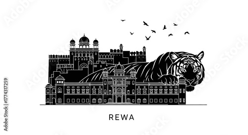 Rewa India Skyline Silhouette with Tiger and Birds