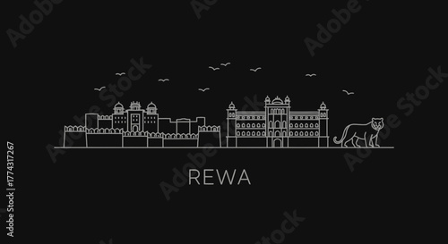 Rewa India Skyline with Tiger and Birds Line Art