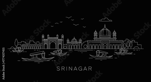 Srinagar Skyline Outline with Dal Lake Houseboats and Mughal Architecture