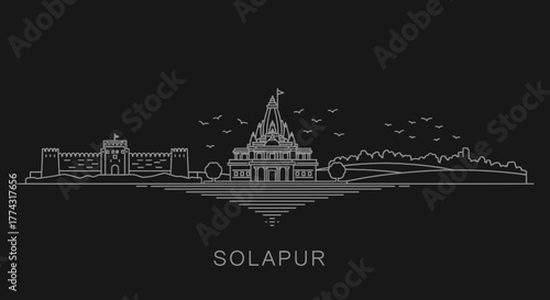 Solapur Skyline Linear Illustration with Fort and Temple