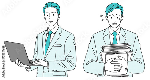 ビジネスマンのイラストセット｜パソコン作業と書類に追われる男性・仕事の対比コンセプト