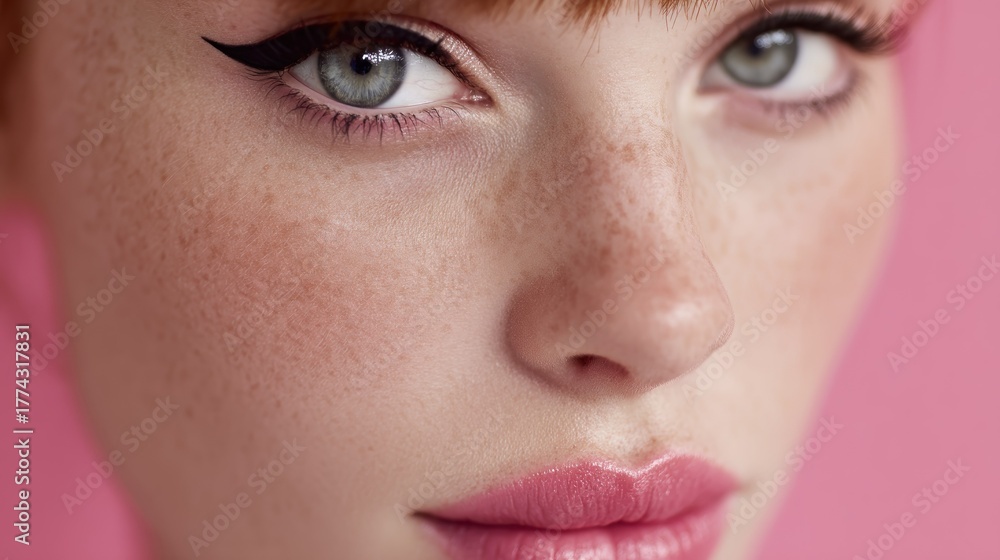 Fototapeta premium A close-up of a woman's face with red hair, blue eyes, and freckles, wearing a pink lipstick and a pink top, against a pink background.