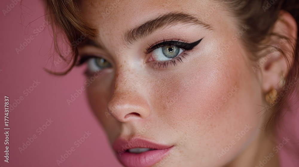 Fototapeta premium Close-up of a woman's face with freckles, wearing a pink top and earrings, set against a pink background.