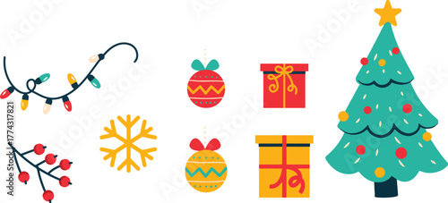 Christmas Colorful Assets Template Vector – Festive Holiday Elements, Decorative Icons, and Bright Seasonal Illustration Set Artwork