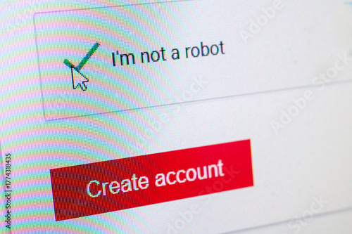 Not a Robot Captcha and Create Account Screen With Green Check Mark On Red Button