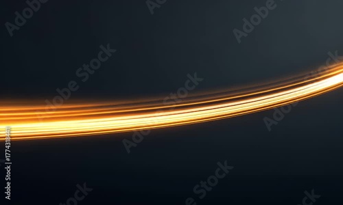Abstract flowing luminous golden light trails curving across a dark deep blue background with subtle scattered bokeh points creating a sense of motion and energy