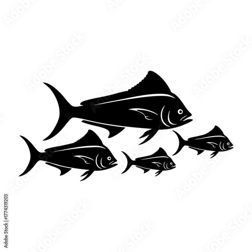 School of Mahi Mahi Fish Swimming Silhouette Vector Group