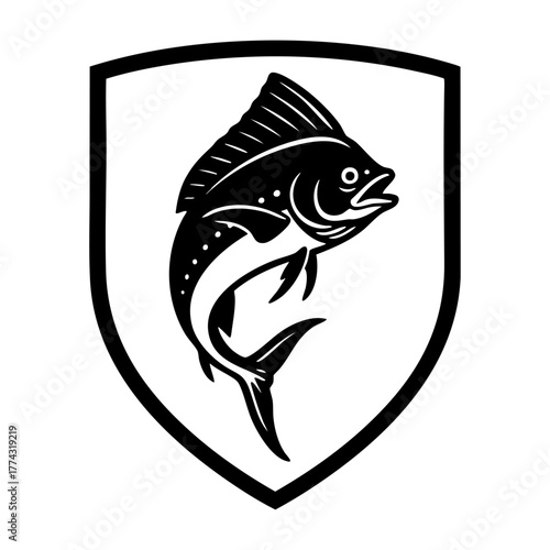 Mahi Mahi Dolphinfish Silhouette in Heraldic Shield Emblem