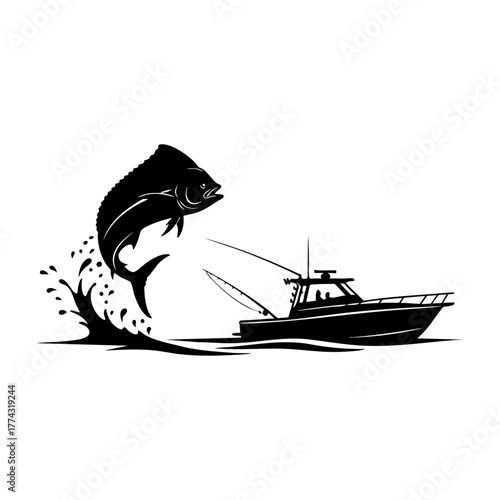 Mahi Mahi Jumping Near Sport Fishing Boat Silhouette Vector