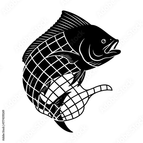 Mahi Mahi Dolphinfish Caught in Fishing Net Silhouette Art