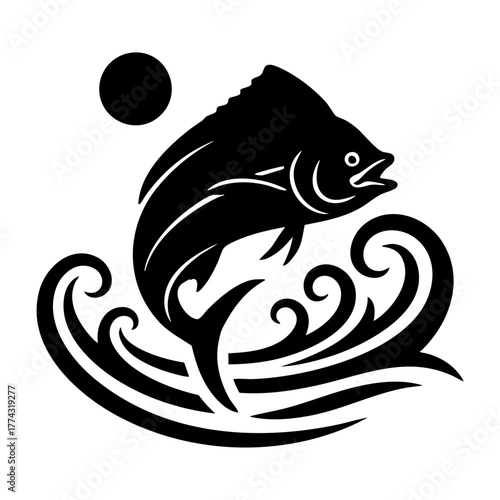 Mahi Mahi Jumping with Sun and Wave Silhouette Icon Vector