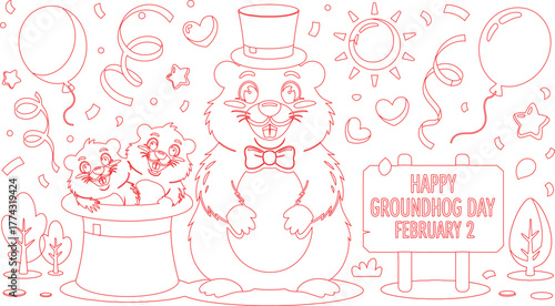 Festive Groundhog Day Line Art with Groundhogs, Balloons, Confetti, and February 2 Message