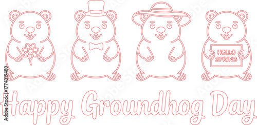 Four Red Groundhog Line Art Characters with Happy Groundhog Day Text Isolated on White