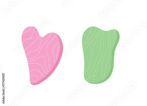 Flat Design Duo of Textured Gua Sha Tools in Pink and Green Jade. The Heart Shaped and Contoured Skincare Tools Are Shown Side by Side. Perfect for Illustrating Facial Massage Techniques