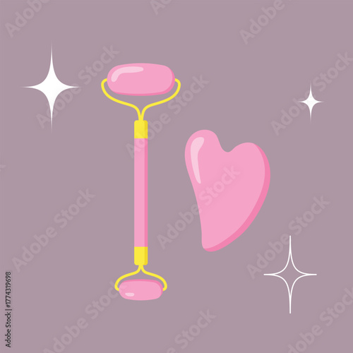 Flat Design Pink Rose Quartz Facial Roller and Gua Sha Tool Set. The Heart Shaped Tool and Roller are Placed on a Muted Purple Background. 