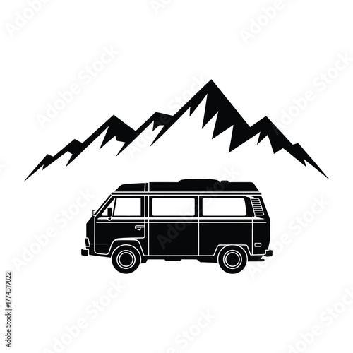 Camper van parked near mountains wanderlust Silhouette, Vector, Illustration