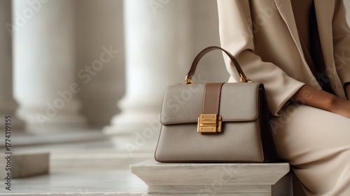 A woman in a beige coat and skirt, holding a beige leather handbag with a gold handle, sitting on a marble step in front of a white columned building.