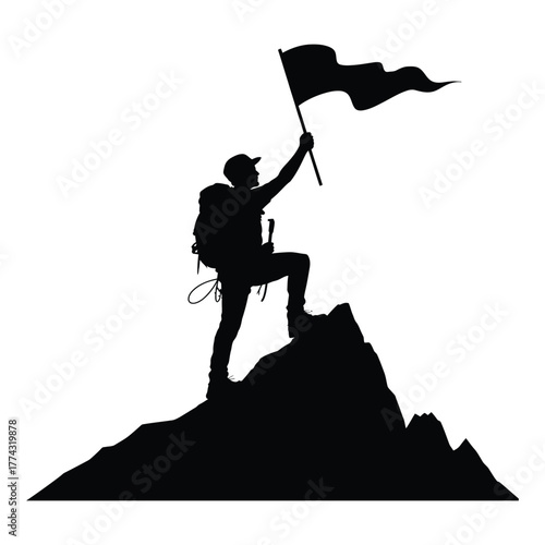 Climber reaching summit with flag Silhouette, Vector, Illustration