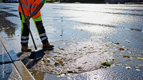 Worker Sweeping Water and Debris With Broom on Flooded Street