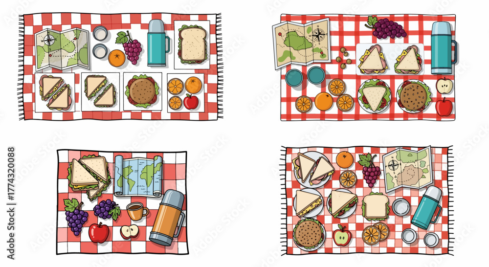 Fototapeta premium Picnic food arrangement with map and thermos