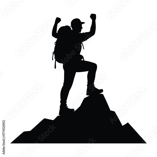 Hiker standing on mountain peak Silhouette, Vector, Illustration