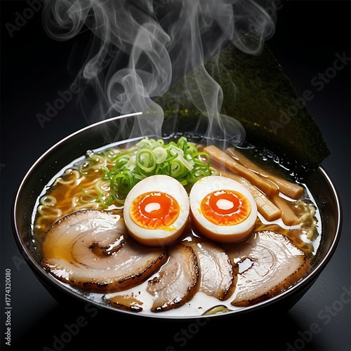 Delicious Ramen Bowl with Eggs and Pork Slices.